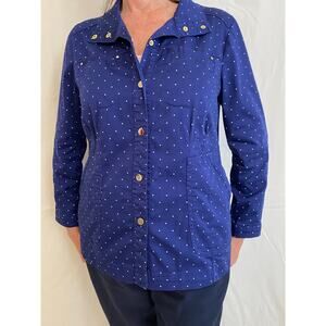 Chicos Size 2 Jacket - Blue and White polka dot shirt jacket with snap closures
